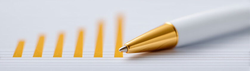 Gold price surge, Gold pen tip close up with price surge chart showing growth and success in business and finance concept