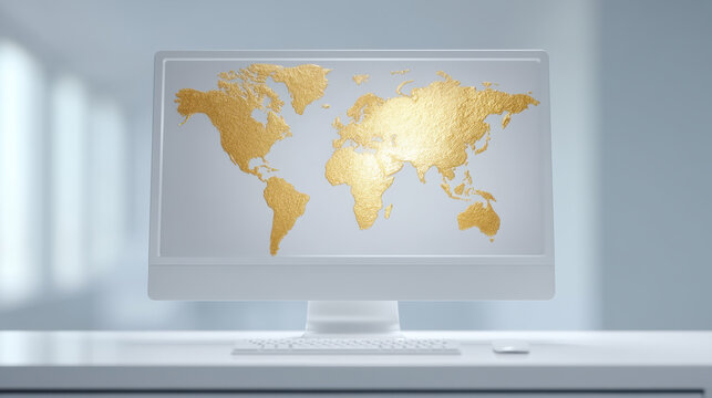 Gold price surge, Gold world map on computer screen shows price surge concept in modern office with keyboard and mouse