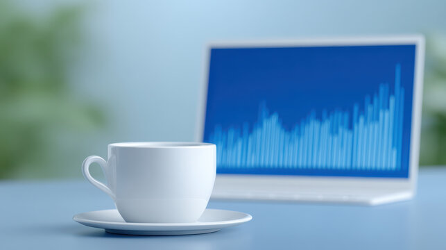 Gold price surge, white coffee cup on saucer with laptop showing blue financial chart indicating gold price surge in background - Powered by Adobe