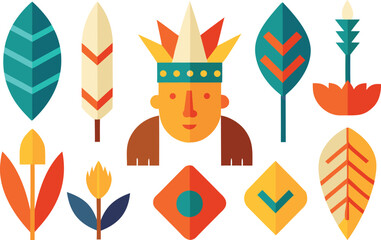 Indigenous peoples day icons collection featuring feathers and tribal motifs vector illustration