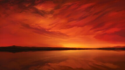 Fiery sunset over a calm lake with dramatic clouds reflecting in the water below