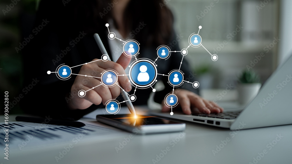 Poster a business professional interacts with a digital tablet, illustrating modern communication through c