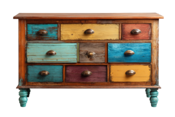 Colorful rustic wooden chest of drawers with vintage style.