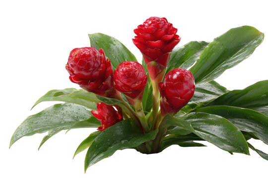 Exotic red cone ginger plant with lush green leaves isolated.