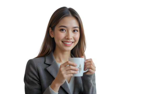 Young woman in a patterned blazer holding a white coffee mug, isolated on transparent background