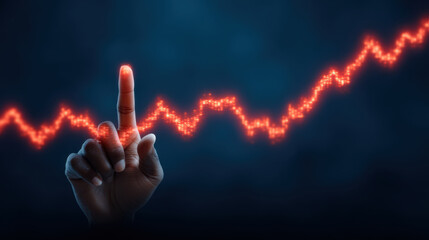 Gold price surge, Gold price surge concept with hand pointing at glowing rising graph line symbolizing financial growth and investment success