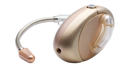 Beige hearing aid isolated on transparent background, a small electronic device designed to improve hearing for people with hearing loss