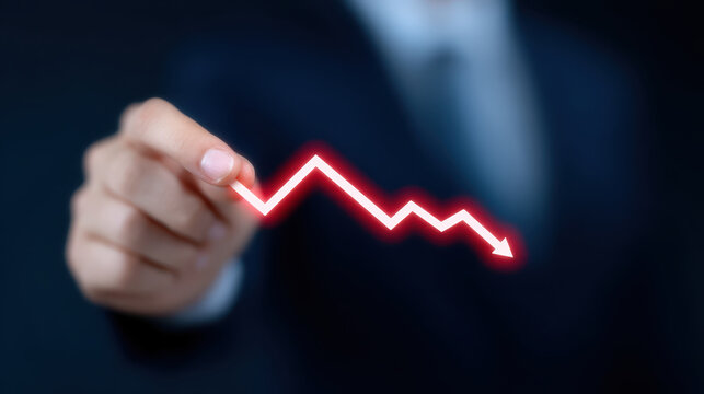 Gold price surge, Gold price surge concept with hand pointing at red downward arrow graph showing market decline and financial loss