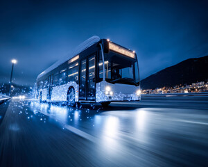 Futuristic bus illuminated with blue lights moving at night on a highway