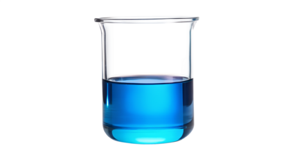 Laboratory beaker with blue liquid isolated on transparent background, showcasing scientific research and chemical analysis in a clear and concise manner