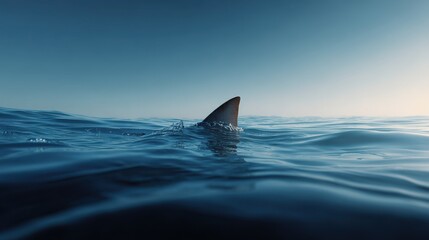 Fototapeta premium Three-Dimensional Shark Fin Breaking the Surface of Deep Blue Waters Under Bright Daylight