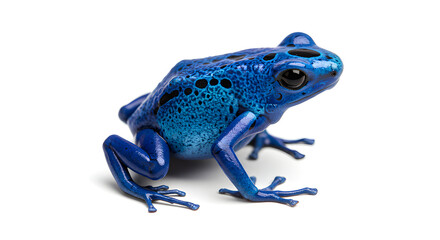 Obraz premium A professional-style image of a blue poison dart frog, vivid electric-blue skin with black markings sharply detailed, centered on a clean white background.