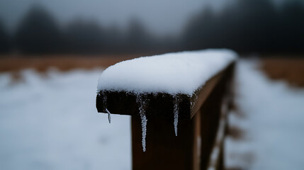 Snow-covered fence rail with icicles, marking the boundary between winter's touch and the subdued hues of the landscape, evoking a sense of quiet stillness.