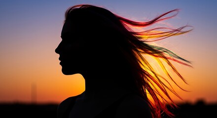 Silhouette of a person with windswept hair at sunset
