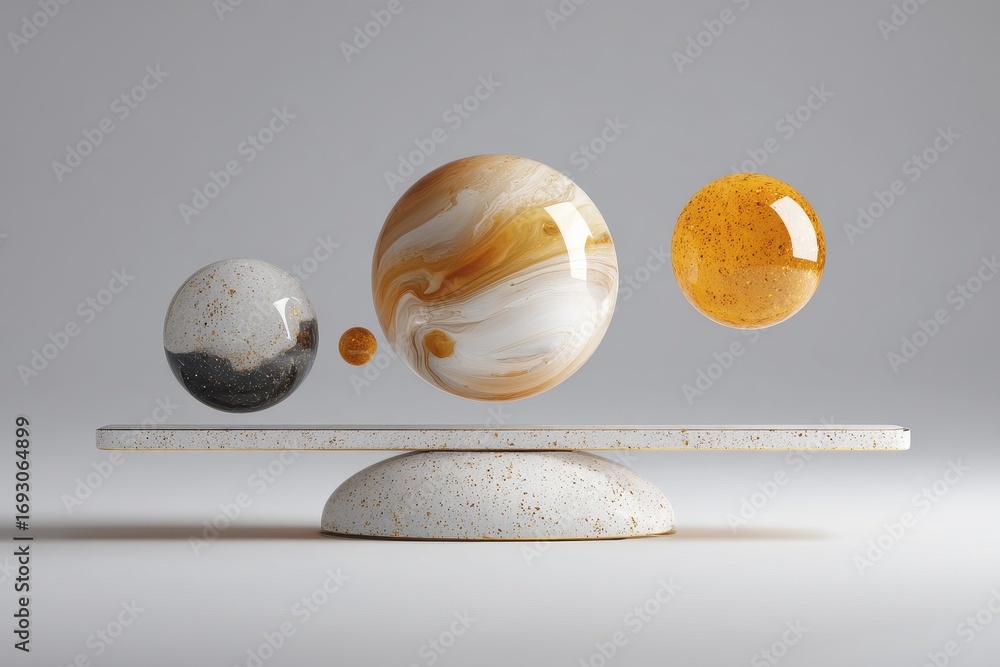 Poster minimalist 3d design of floating spheres: an abstract representation of balance and gravity in space