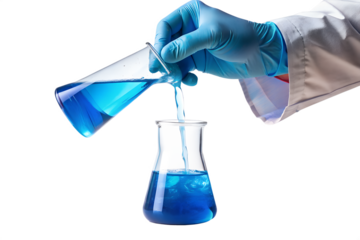 Scientist pouring blue liquid from one flask to another in a laboratory, isolated on transparent background