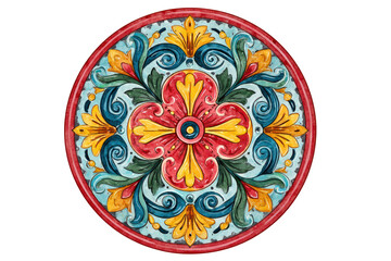 Vibrant hand painted ceramic medallion with traditional floral motif.