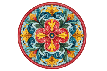 Vibrant hand painted ceramic medallion with traditional floral motif.