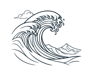 Majestic Ocean Wave Illustration with Dynamic Line Work and Japanese Art Style Influences for Creative Projects and Designs