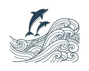 Vector illustration of playful dolphins jumping above ocean waves perfect for branding and designs related to marine life conservation efforts and education