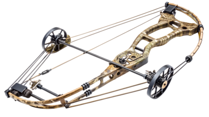 Camouflage compound bow isolated on transparent background, a modern archery weapon used for hunting, target practice, and competitive shooting sports