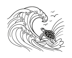 Sea Turtle Swimming in Ocean Waves with Birds Flying Black and White Illustration for Coloring Page or Graphic Design Element