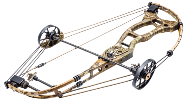 Camouflage compound bow isolated on transparent background, a modern archery weapon used for hunting, target practice, and competitive shooting sports