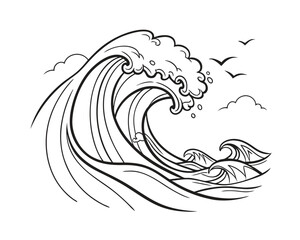 Stylized Ocean Wave Illustration with Birds and Clouds Black and White Vector Graphic for Creative Projects