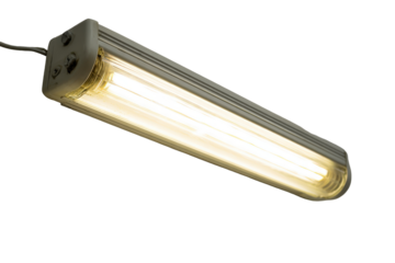 Industrial fluorescent tube light fixture glowing brightly.