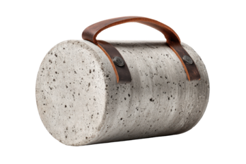 Unique cylindrical concrete dumbbell with a brown leather handle.