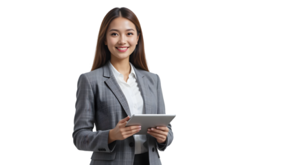 A smiling young asian businesswoman holding a tablet, wearing a suit jacket, isolated on a transparent background