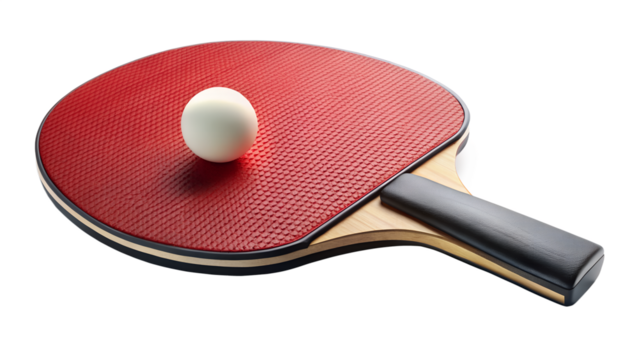 Detailed shot of a red ping pong paddle with a white ball isolated on transparent background, highlighting the texture and design of the equipment