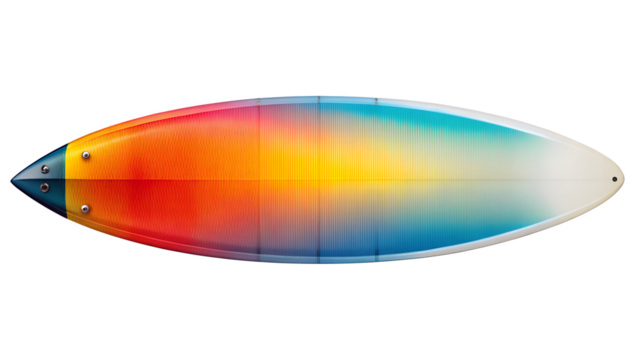 Colorful surfboard isolated on transparent background the board has a rainbow gradient from red to blue, creating a vibrant and eyecatching design