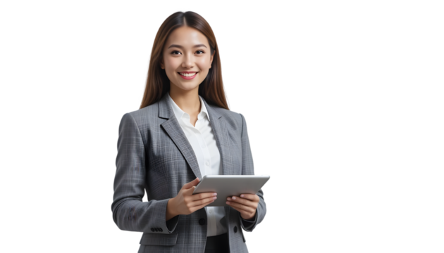 A smiling young asian businesswoman holding a tablet, wearing a suit jacket, isolated on a transparent background