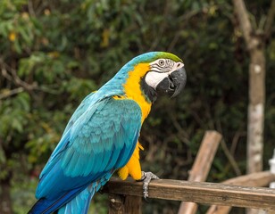 Obraz premium Colorful parrot perched on a wooden rail