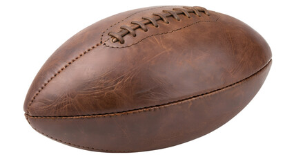 Vintage brown leather football isolated on transparent background, showcasing its classic design and craftsmanship, perfect for sports or retro themes