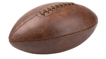 Vintage brown leather football isolated on transparent background, showcasing its classic design and craftsmanship, perfect for sports or retro themes