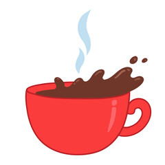 Vector illustration of coffee splashing in a red cup with steam. Flat design, isolated.