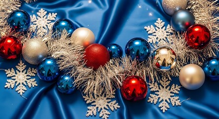 Christmas ornaments on blue satin fabric.