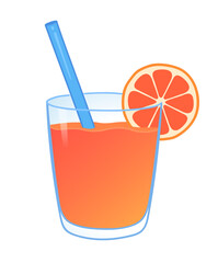 Vector illustration of orange juice in a glass with straw and orange slice. Flat design, isolated