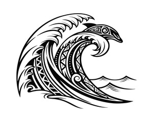 Intricate Tribal Wave Tattoo Design with Dolphin Detail Black and White Vector Illustration Graphic Artistic Ocean Art