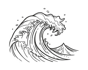 Line art drawing of a powerful ocean wave crashing with white background artistic marine illustration of sea movement and ocean power