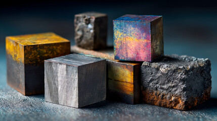 Artistic close-up of colorful metallic cubes and textured rock surfaces