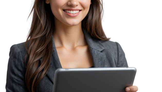 Smiling woman in a blazer holding a tablet, upper body shot, isolated on transparent background