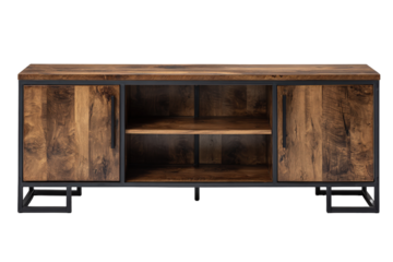 Rustic industrial style media console with reclaimed wood and metal frame.