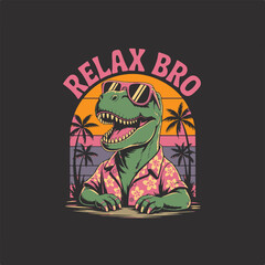 Relax bro dinosaur wearing sunglasses and hawaiian shirt at sunset tropical beach vibe vector