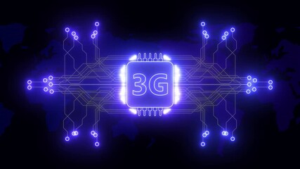 3G Microchip Technology Background. Glowing circuit board Technology chip with 3G processor background glowing animation. Digital pulses and signals from the chip propagate through the motherboard