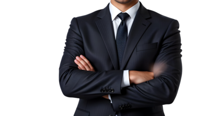 A mans torso in a dark suit and tie, arms folded across his chest, presenting a formal and composed demeanor, isolated on a transparent background