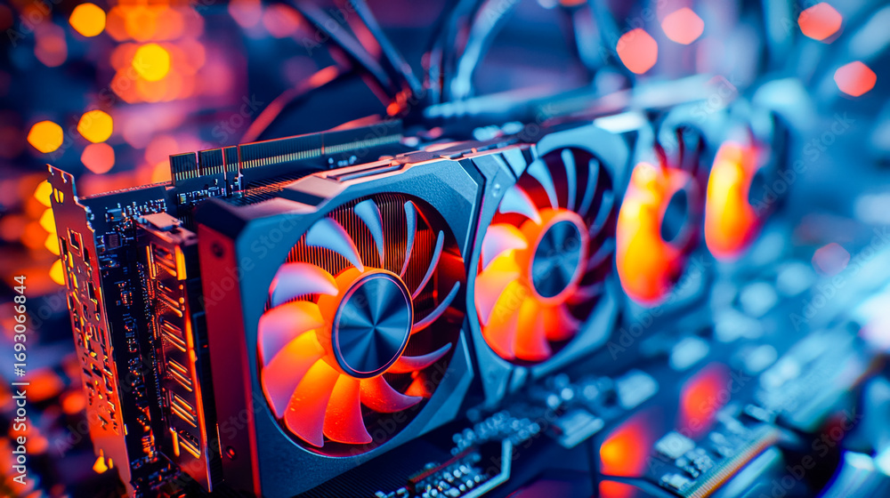 Poster high-performance graphics card with illuminated cooling fans in a vibrant gaming setup