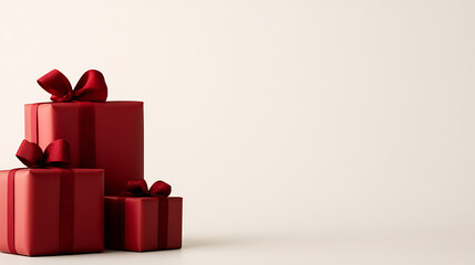 A stack of red presents wrapped with matching ribbons, displayed on a simple background. Festive, elegant, and ready for a special occasion.